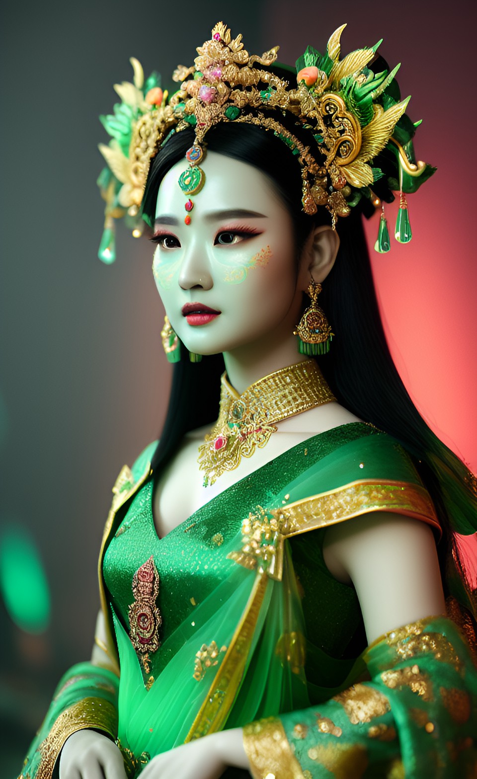 "full hd render + 3d octane render +4k uhd + immense detail + dramatic lighting，"zhangjiajie goddess , in full finery, gowns,
head piece mask jade translucent greens
elegant , intricate" preview