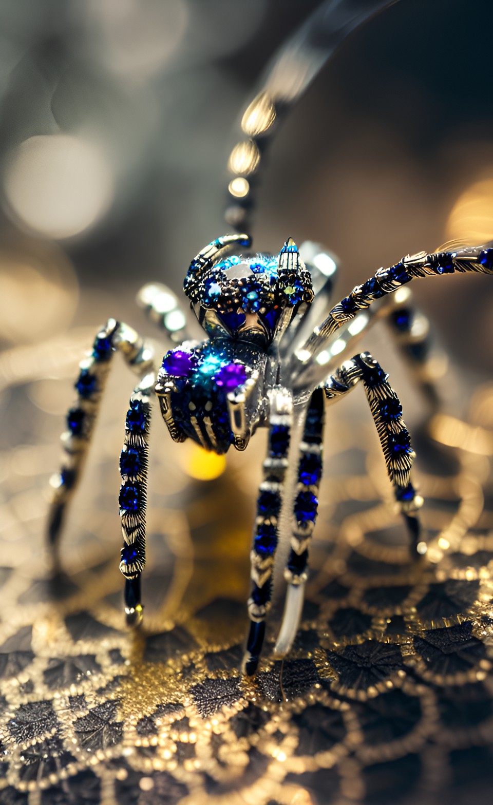 filigree silver metal jewelry spider with sapphires, art nouveau,  bokeh, by jeremy mann, blacklight preview