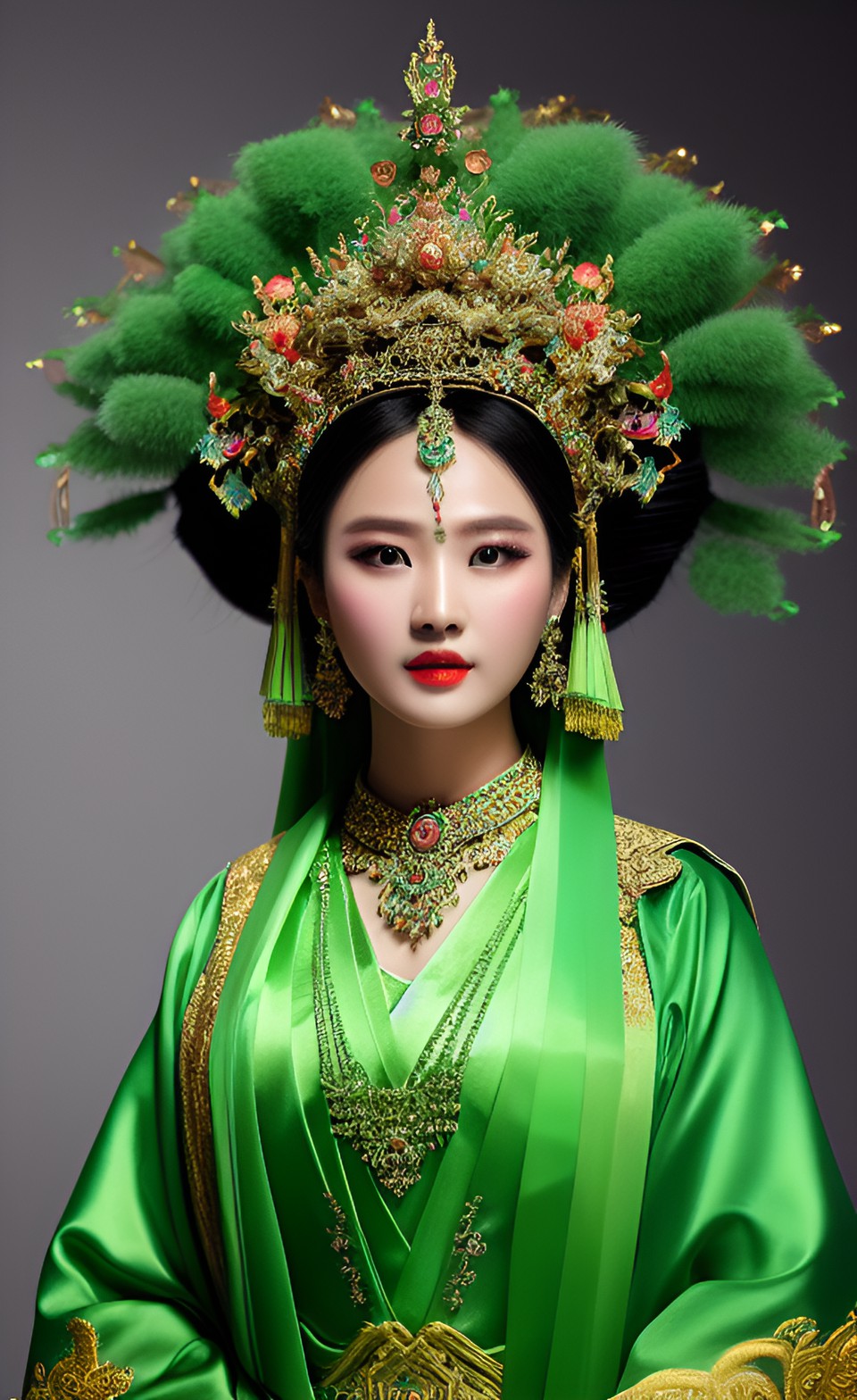 "full hd render + 3d octane render +4k uhd + immense detail + dramatic lighting，"zhangjiajie goddess , in full finery, gowns,
head piece mask jade translucent greens
elegant , intricate" preview