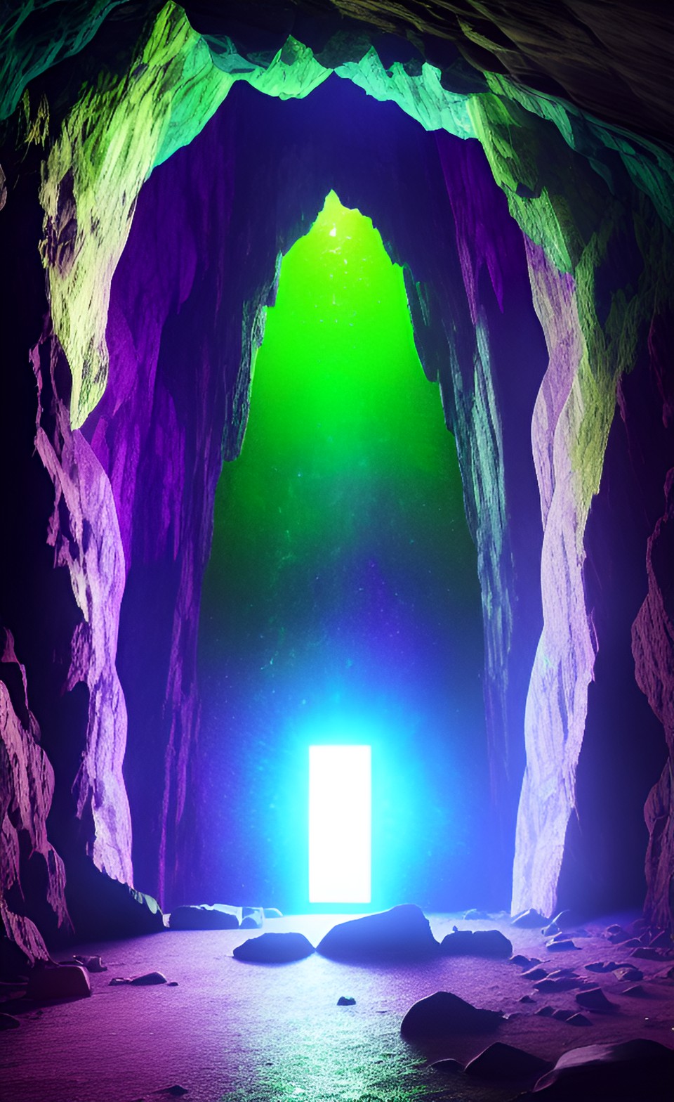 The Doorway - reflective portal in a cave with unnatural lighting, purple and green colors preview