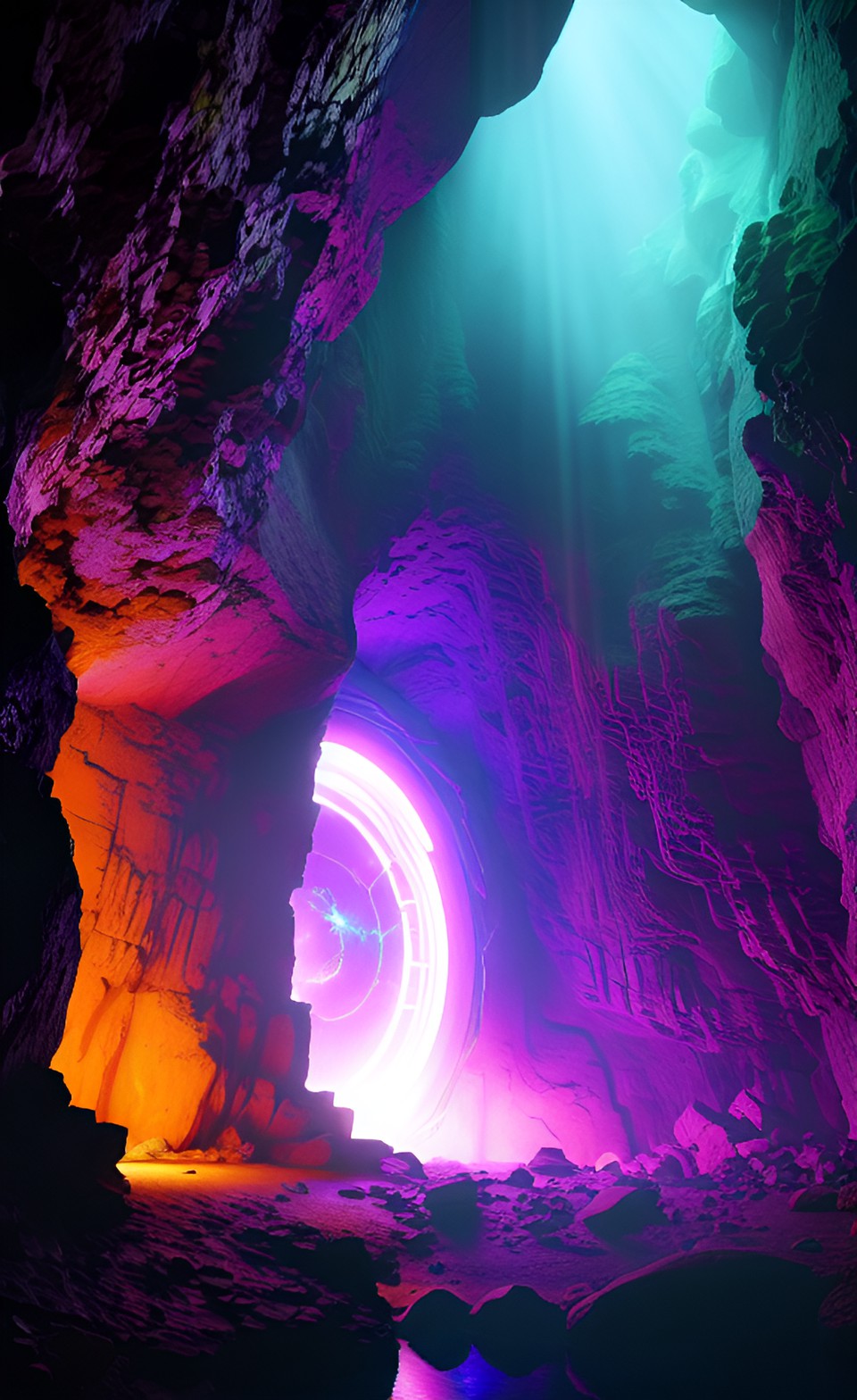 Hidden Gateway - reflective portal in a cave with unnatural lighting, purple and green colors preview