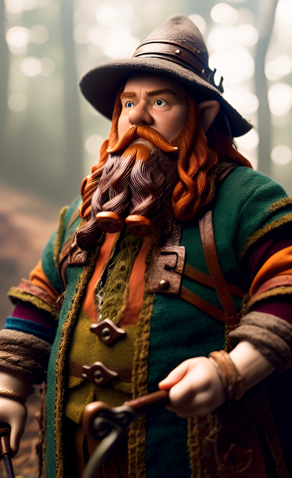 a dwarf with a red beard, a hat made of mushrooms and leaves, realistic, the hobbit movie, the lord of the rings, a frame from the movie preview