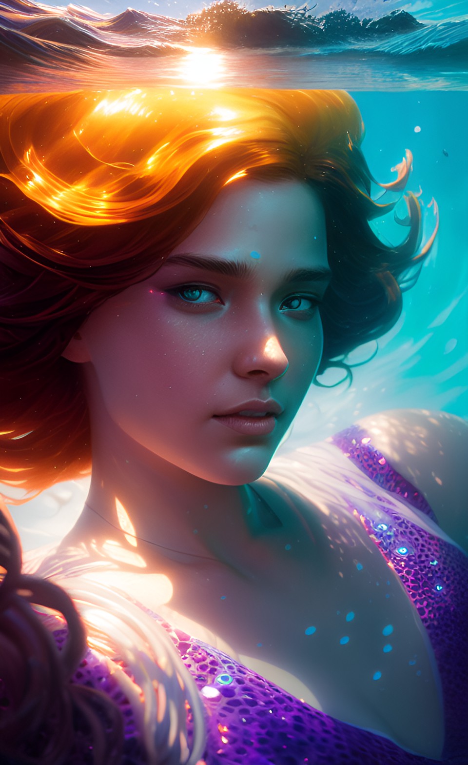 under water, sun reflection, mermaid, long hair preview