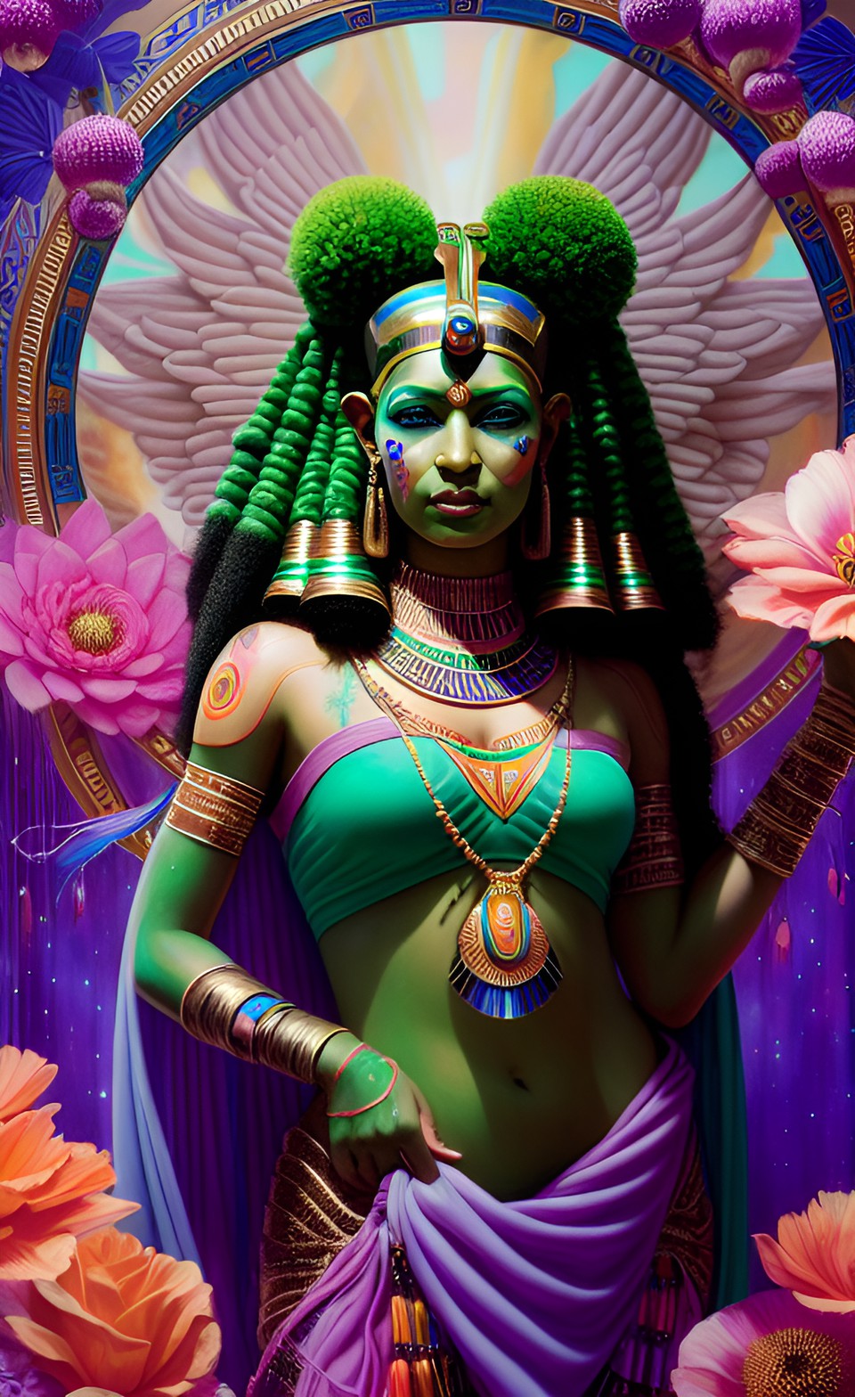 Hathor - hathor, egyptian goddess of joy the feminine love and motherhood, perfect face, realistic, dark fantsy art (green, pink, and orange colors ) unreal engine 5, uhd, 8k preview