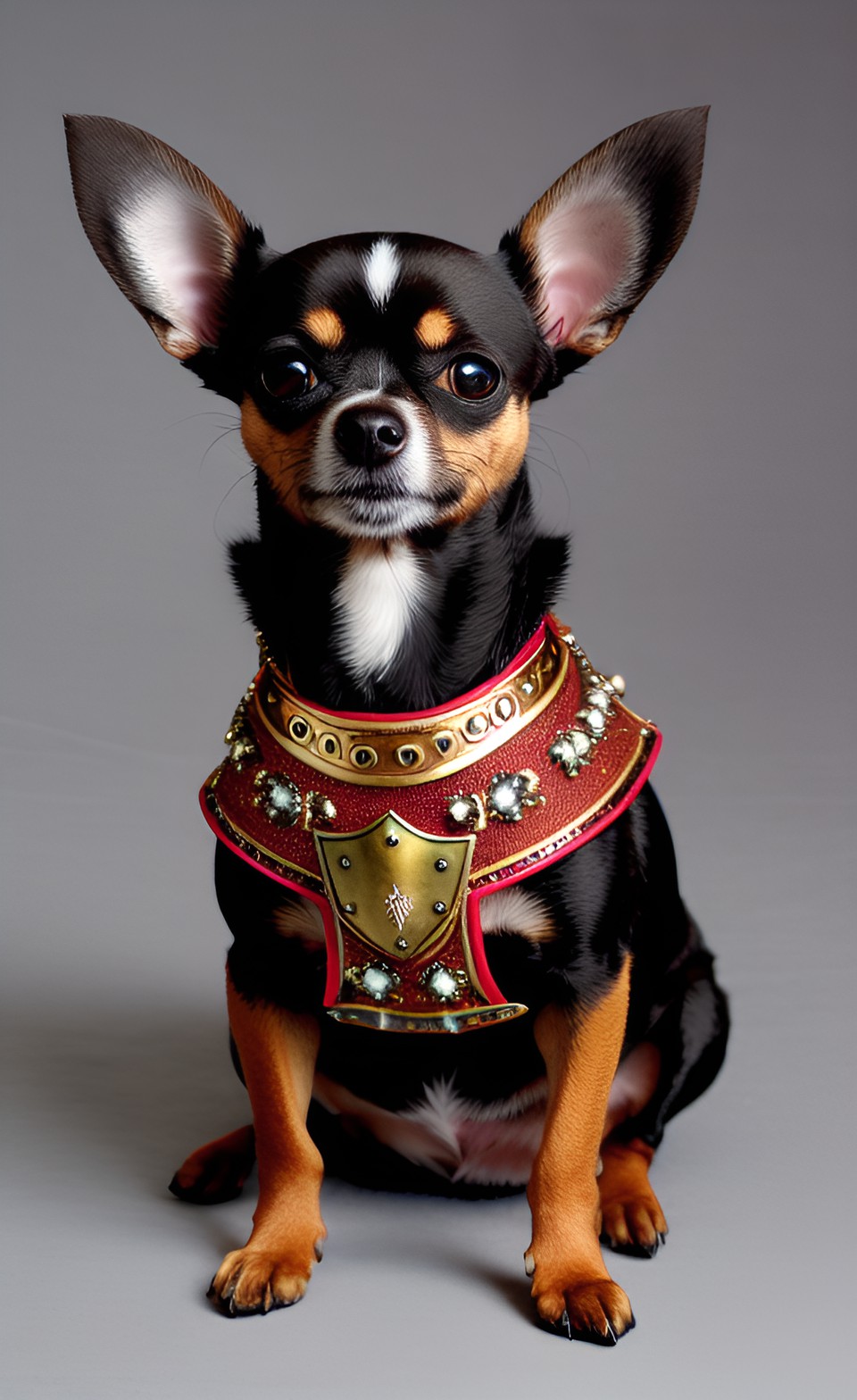 an anthropomorphic brown chihuahua wearing ornate battle armor preview