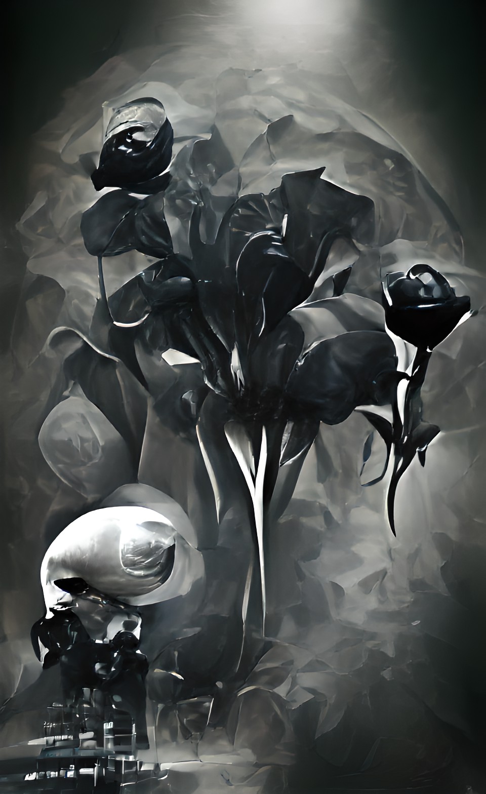 alien black roses in a vase shaped like a skull, on a velvet black background noir bw hd preview