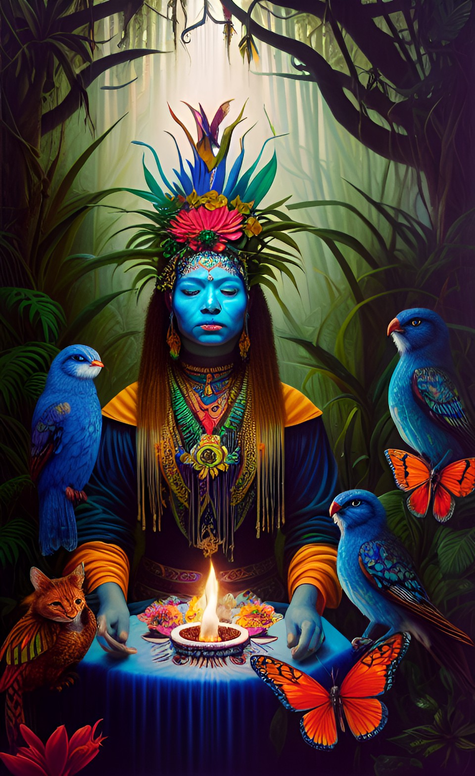 DMT - a mystical ayahuasca ceremony in the heart of the amazon rainforest, with shamanic guides and a glowing spirit animal guiding the way." preview