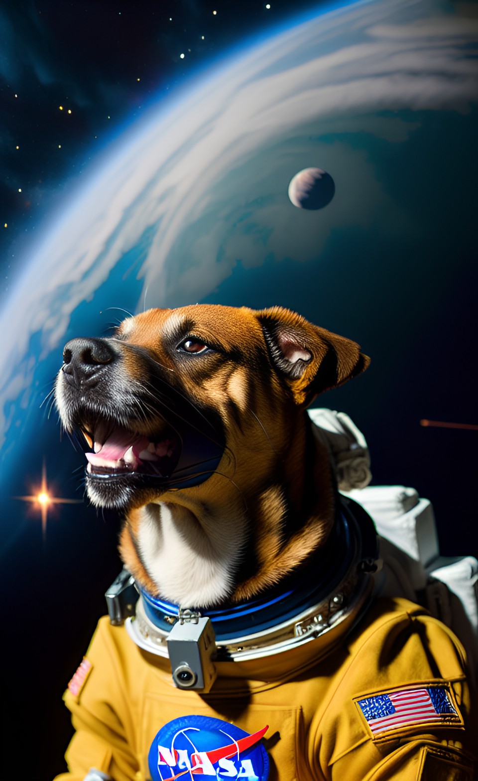 Lt. Raspberry - dog in space. - a fearless astronaut dog suited up in a nasa spacesuit, floating weightlessly in front of a backdrop of swirling galaxies and stars in deep space." preview