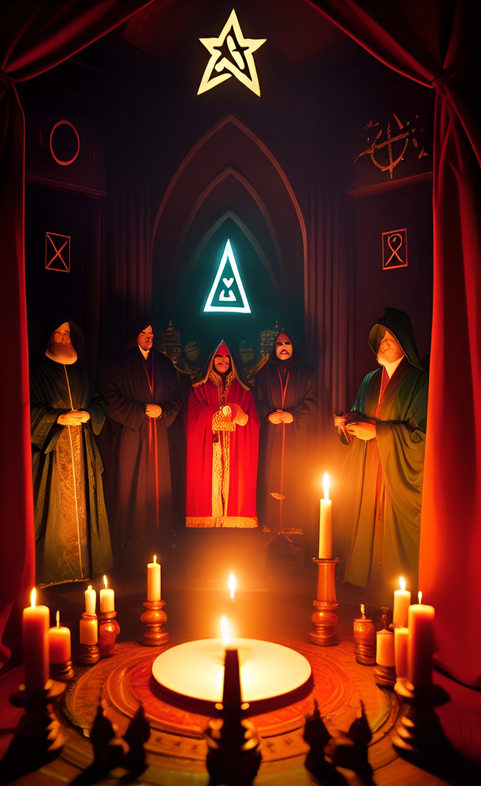 a mysterious, candle-lit room adorned with occult symbols and strange artifacts, surrounded by robed figures performing a mysterious ritual." preview