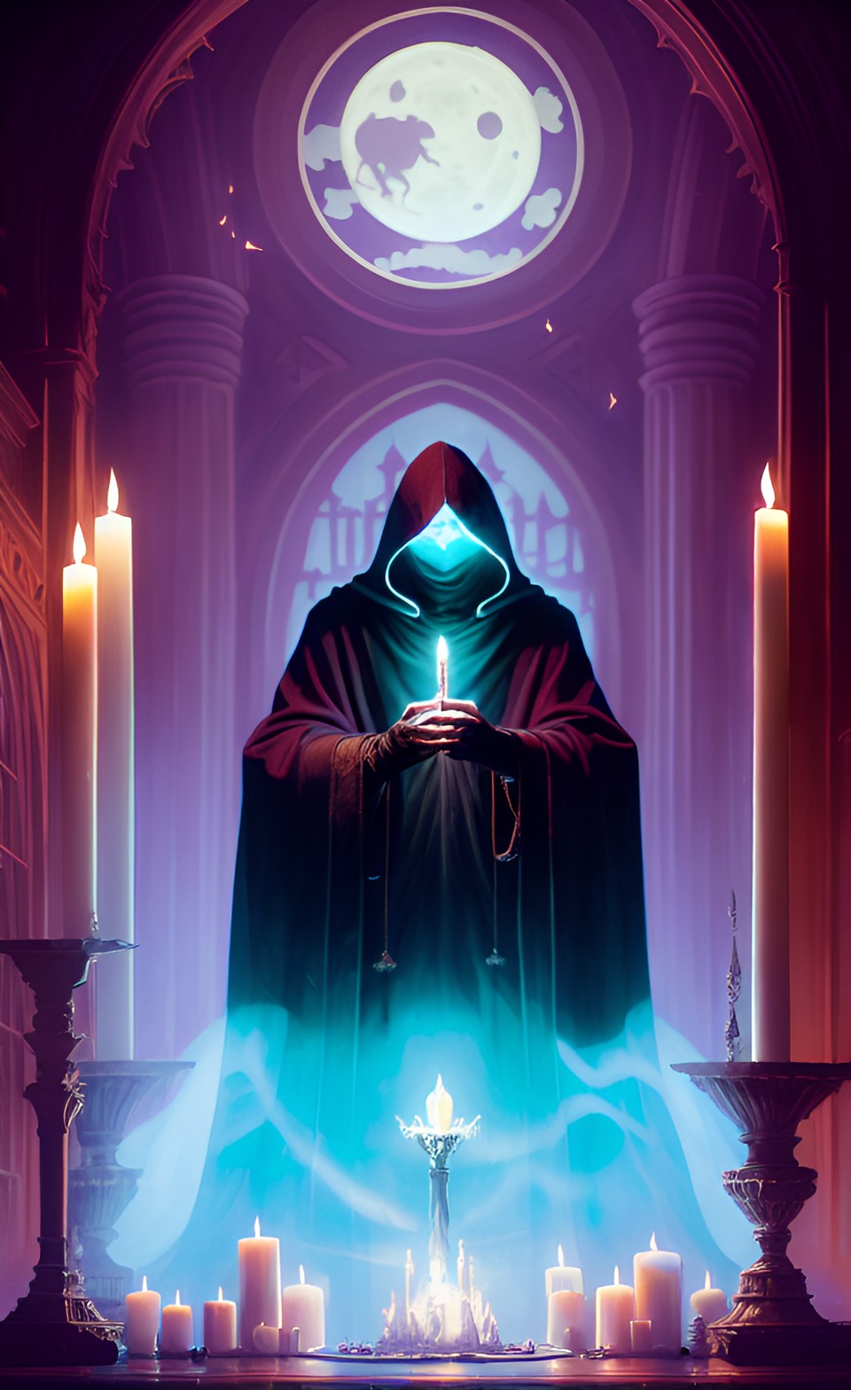 Summoning - an eerie moonlit ritual, with a hooded occultist invoking a supernatural entity amidst a circle of flickering candles and ancient sigils." preview