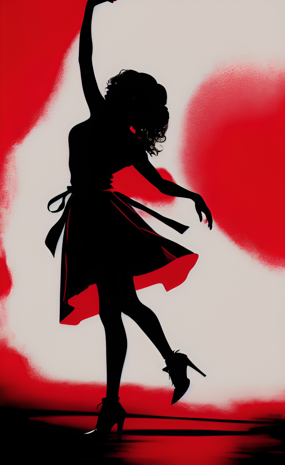 black silhouette of dancing woman, ink, red background, strong contrast preview