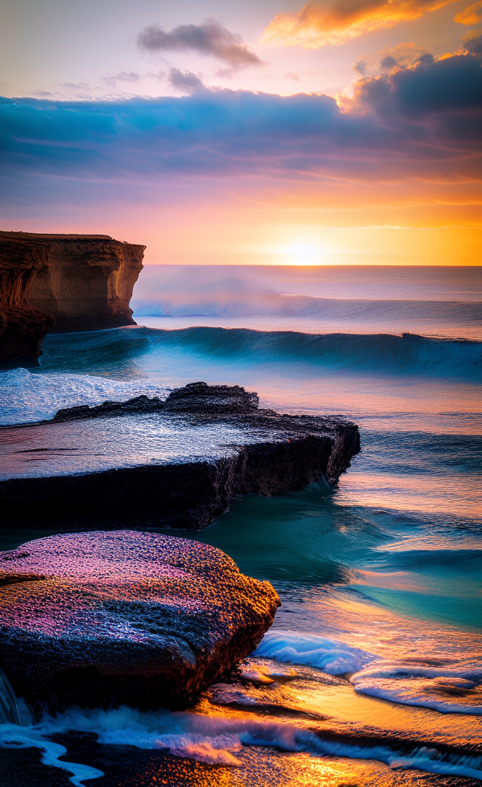 ocean waves in details are breaking on the stones with perspective on the ocean and sunset cliffs horizon, volumetric light" preview