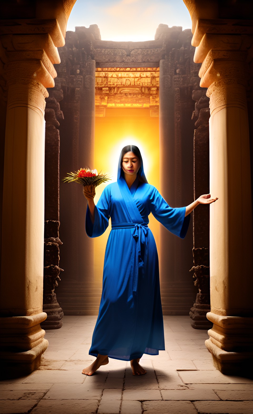 holy woman in light, flowing robes carrying an offering of fruit and flowers for an unknown god in a dark ominous ancient temple interior scene preview