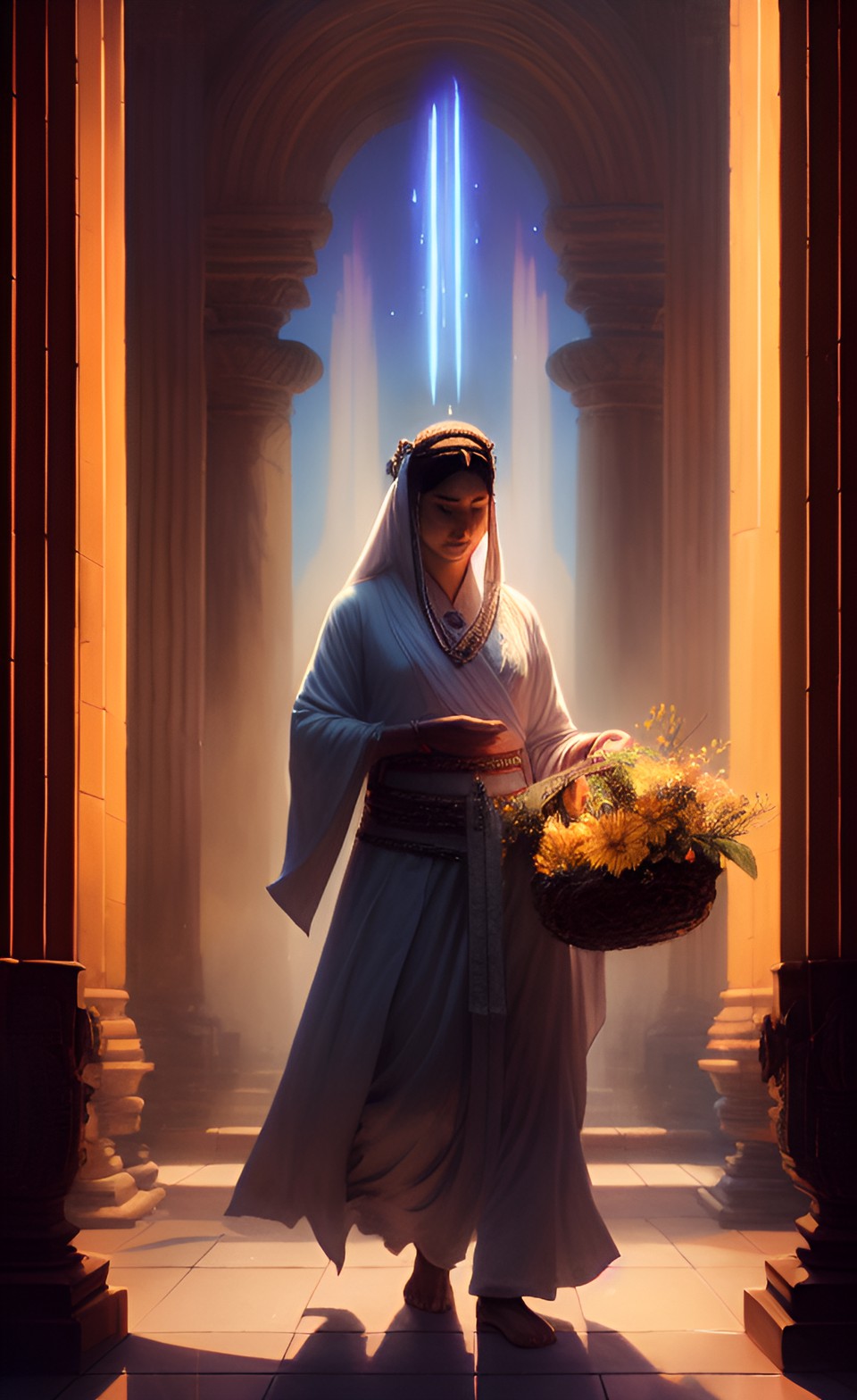 holy woman in light, flowing robes carrying an offering of fruit and flowers for an unknown god in a dark ominous ancient temple interior scene preview