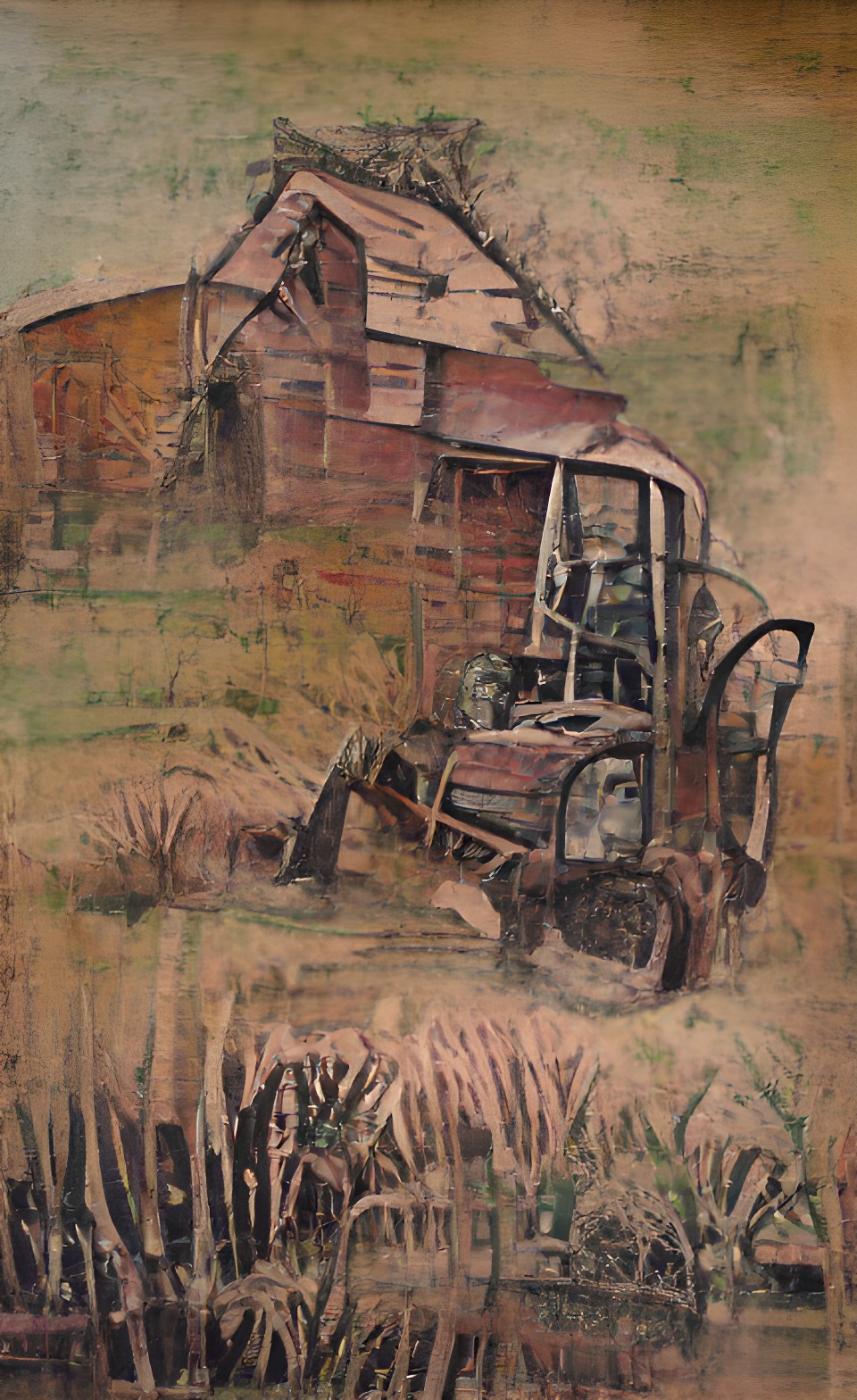 ramshackle farm house in the midst  of overgrown fields. rusty tractor. old man preview