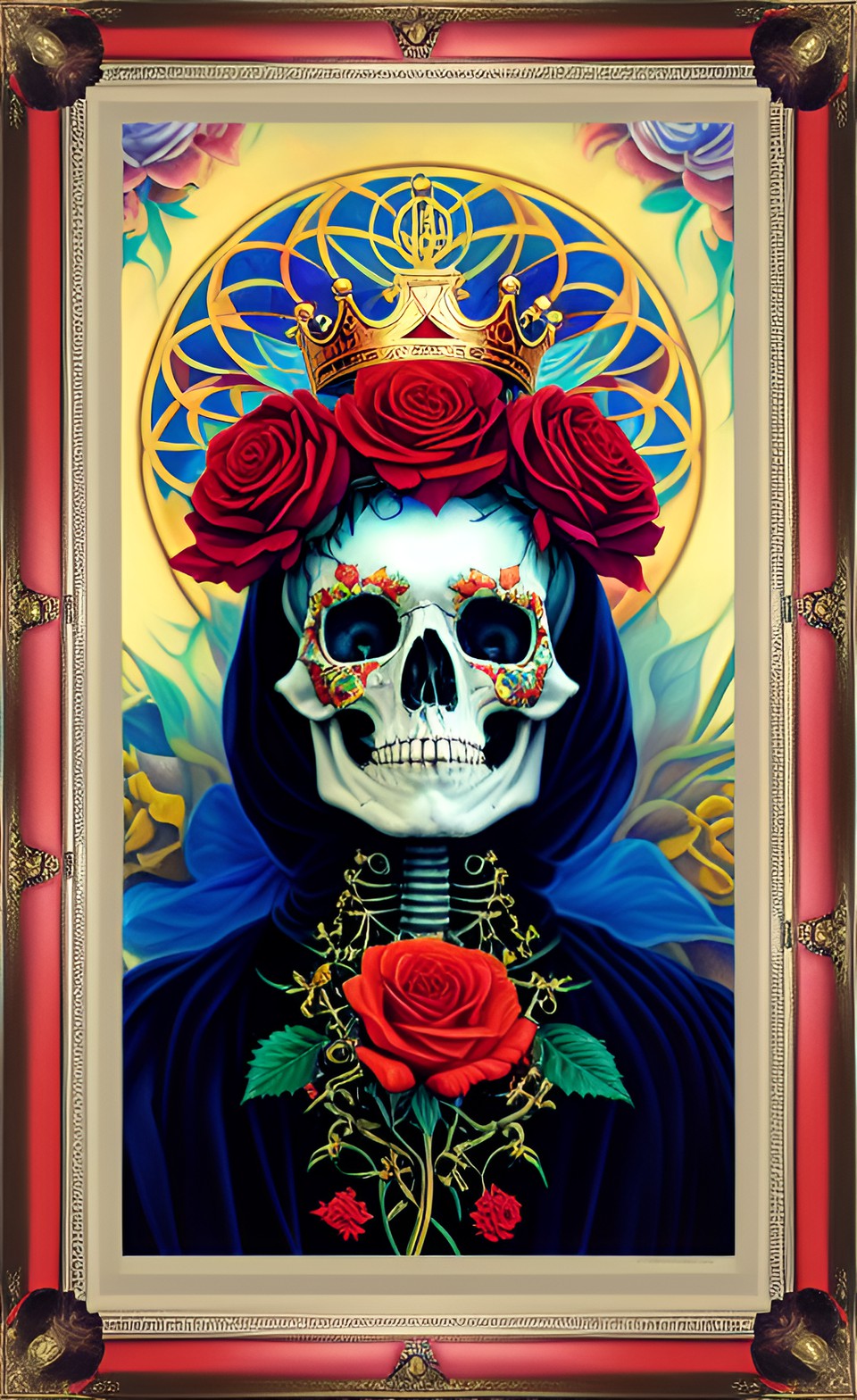 Skeleton King - skeleton king with crown of red roses. ornate art deco frame border. geometry flower of life pattern background preview