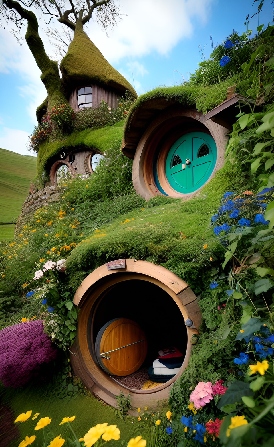 Hobbits and elves - a cozy hobbit hole nestled among the rolling green hills, with a rustic wooden door, a thatched roff with an elvish treehouse on top, blooming with flowers. preview