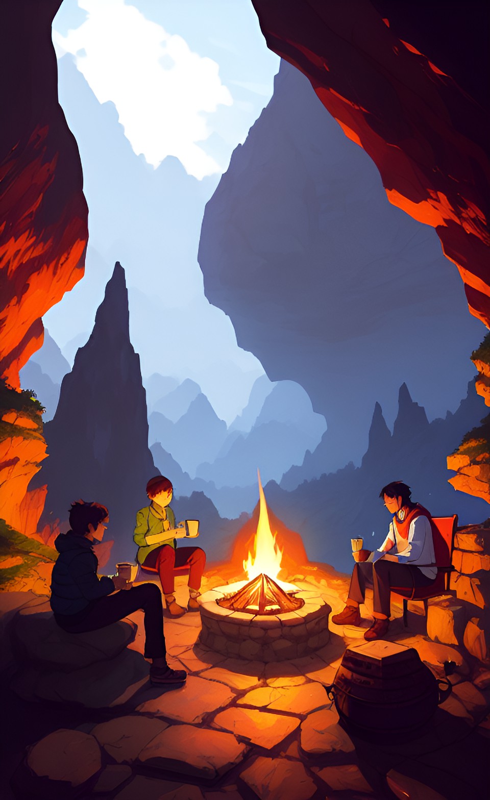 Adventure’s Brew - d&d adventures drinking coffee next to a fire pit inside of a cave preview