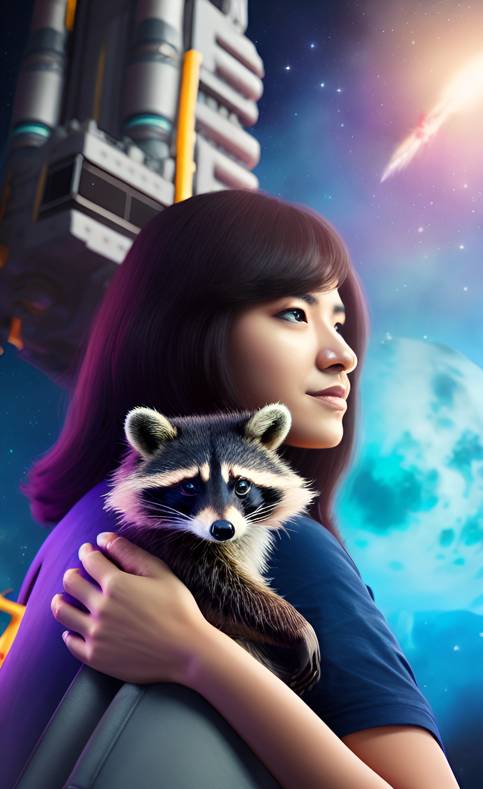 a woman with a raccoon in her arms, against the background of a rocket, starts into space preview