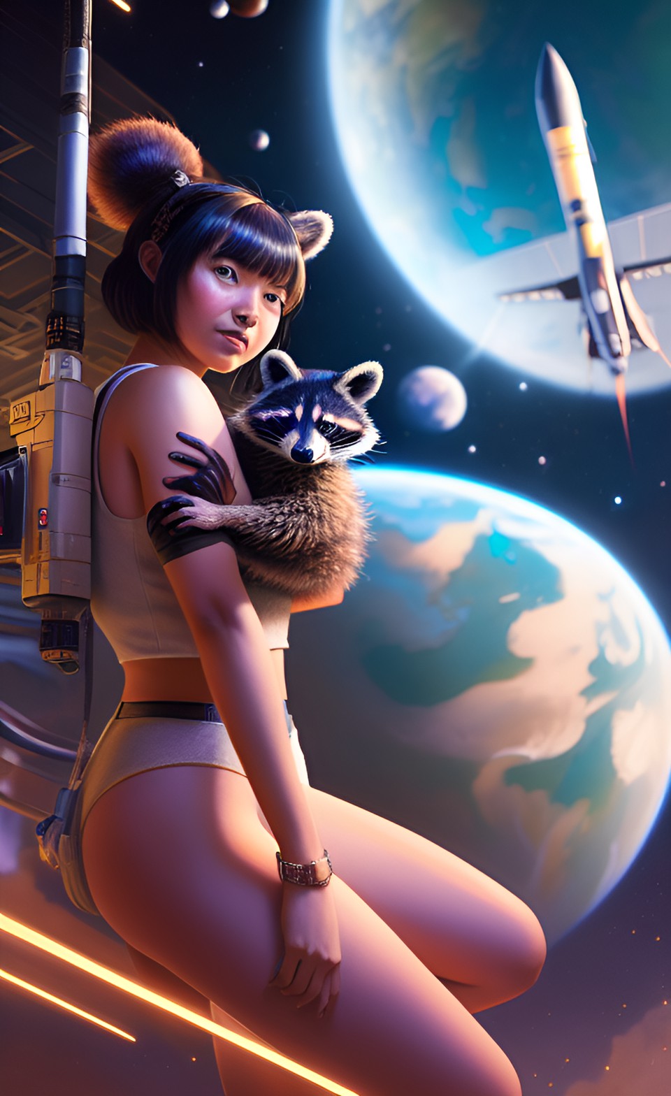 a woman with a raccoon in her arms, against the background of a rocket, starts into space preview