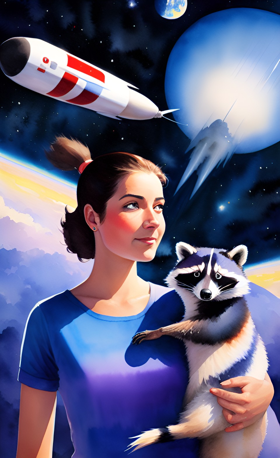 a woman with a raccoon in her arms, against the background of a rocket, starts into space preview