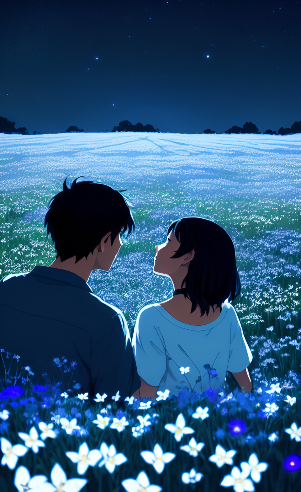 Stars and Flowers - over-the-shoulder view of two people lying next to each other in a field of glowing blue and white flowers on a dark night. the woman is gazing adoringly at the man. the man is sleeping peacefully preview