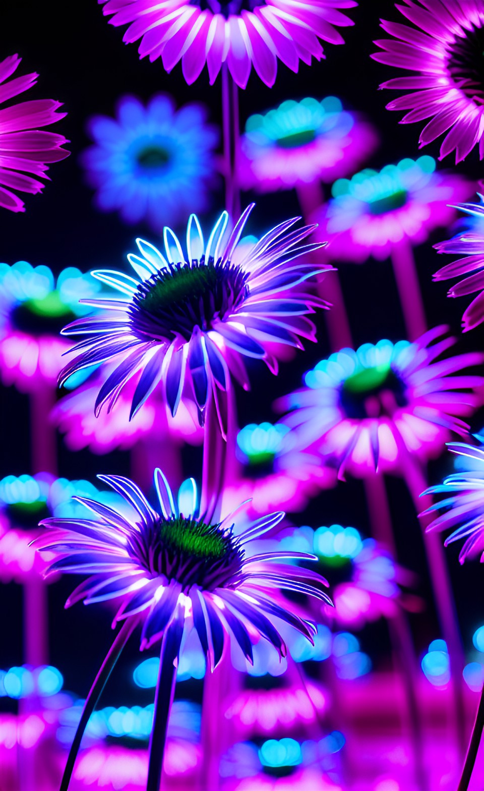 electric daisies  - a cluster of electric daisies lighting up the night sky, their petals glowing in hues of neon pink and blue, casting a magical aura over the field they grow in." preview