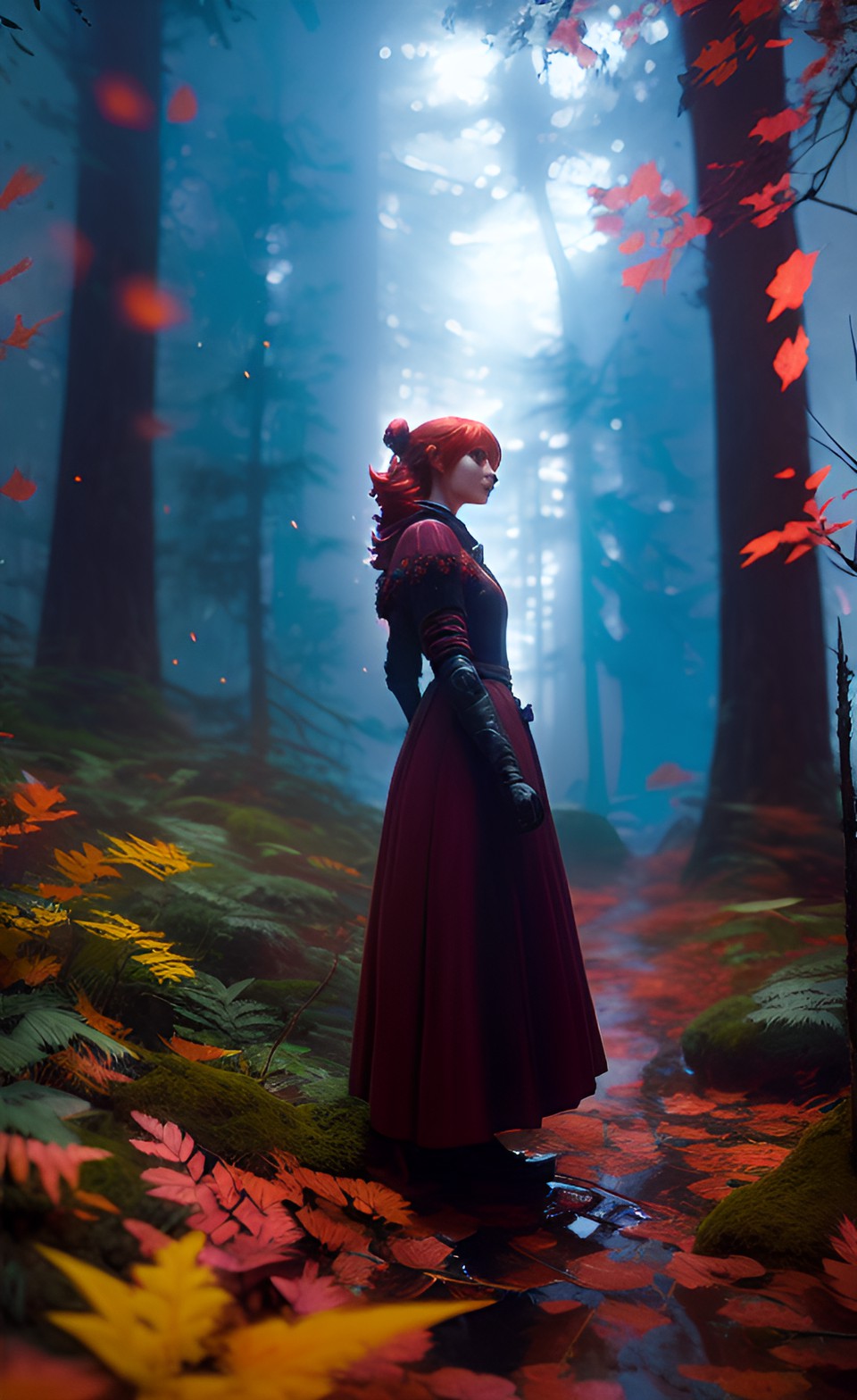 woman with fiery red hair in a dark forest preview