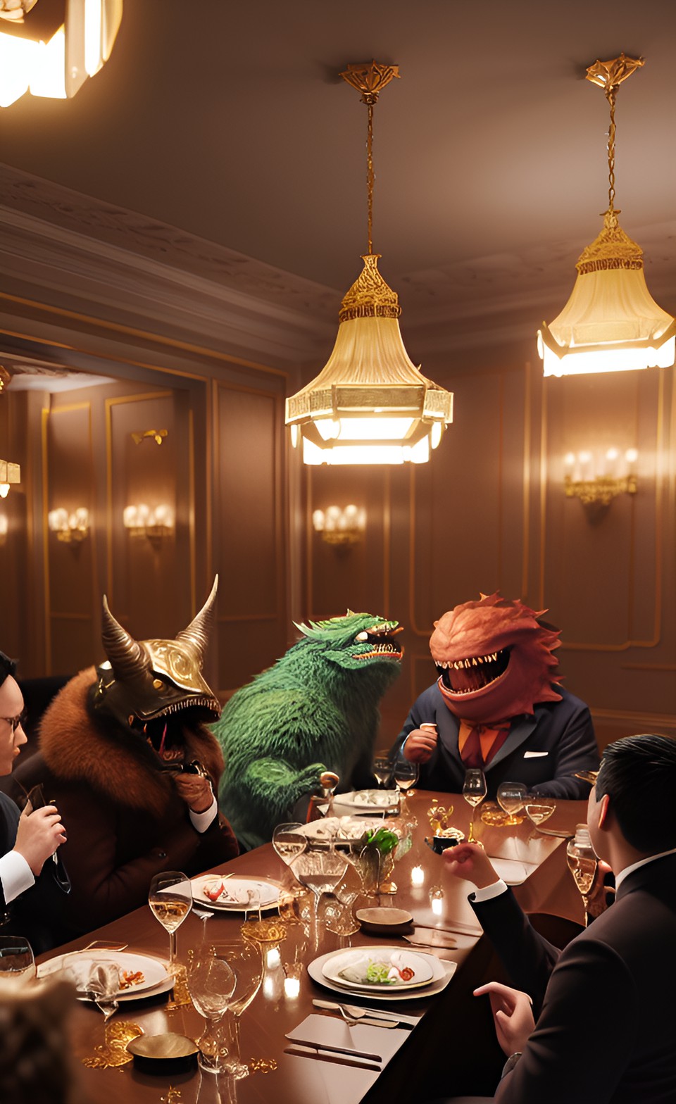 monsters having a dinner meeting in a fancy restaurant, dimly lit, tones of brown and gold preview