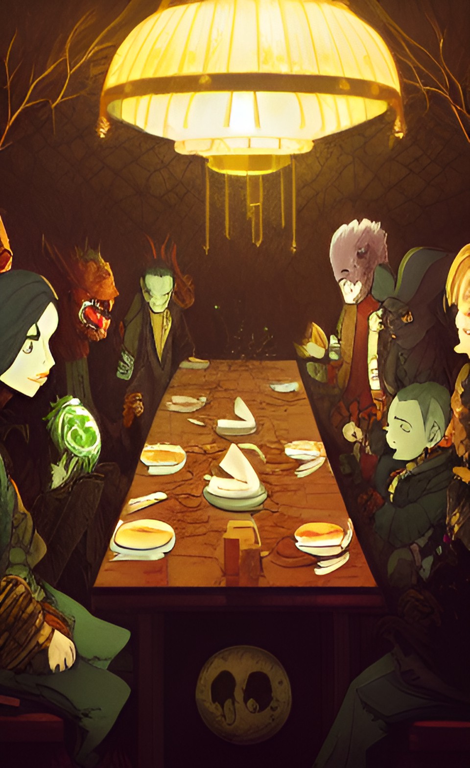 monsters having a dinner meeting in a fancy restaurant, dimly lit, tones of brown and gold preview