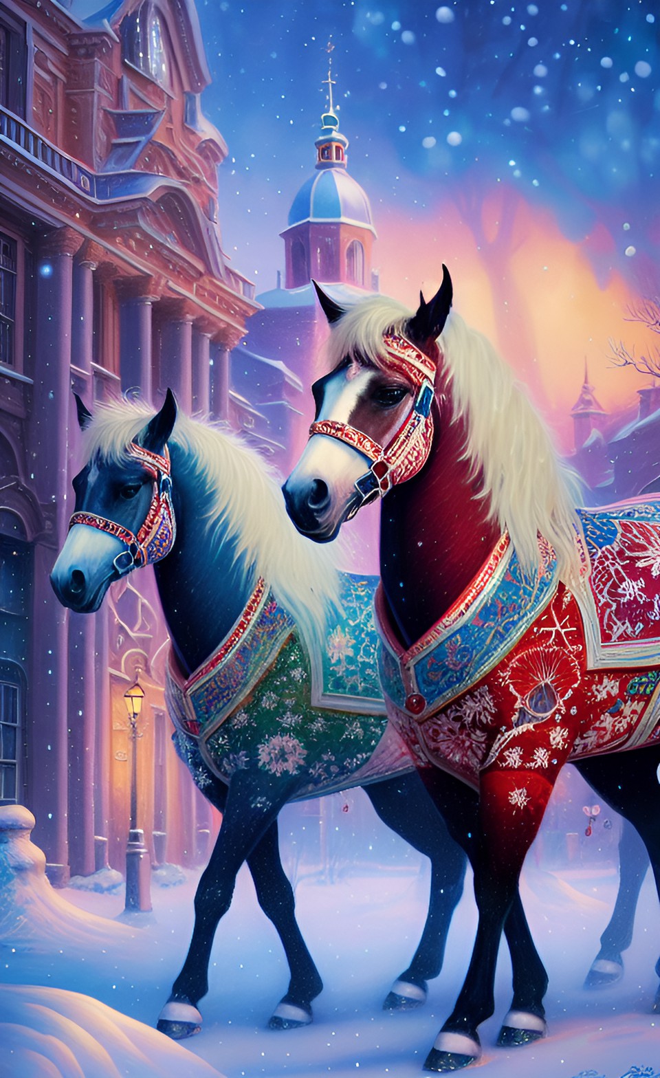 Magic pony - horses made of snowflakes. blizzard looks like horses. run fast magic wind winter night. old town looks like prague. multicolored lanterns. snowfall looks like horses. fantasy hd 4k super-detailed preview