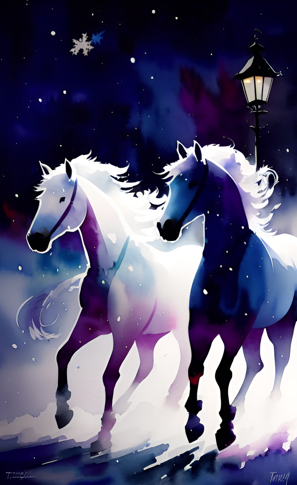 Snow horses 1 - horses made of snowflakes. blizzard looks like horses  silhouettes. snowfall looks like horses. freedom. wind. riding. night city prague. multicolored lanterns. fantasy detailed hyperrealism preview