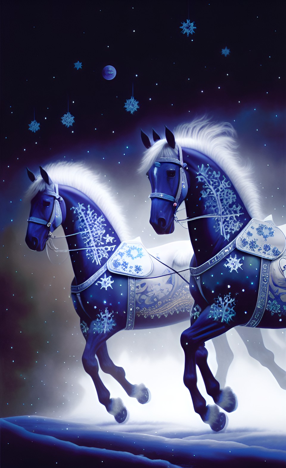 Snow horses 2 - horses made of snowflakes. blizzard looks like horses silhouettes. snowfall looks like horses. freedom. wind. riding. night city prague. multicolored lanterns. fantasy detailed hyperrealism preview