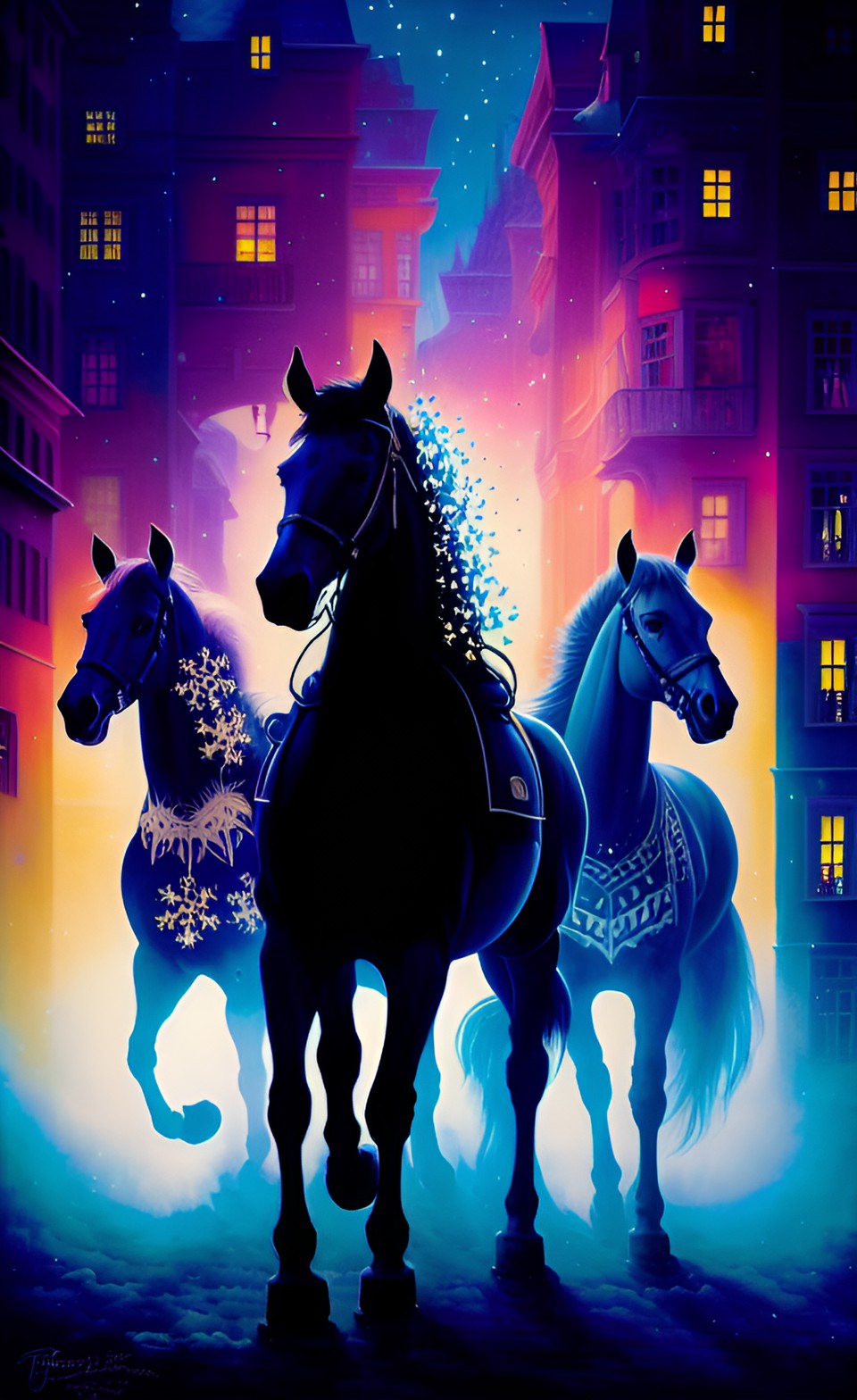 Magic snow horses - horses made of snowflakes. blizzard looks like horses silhouettes. snowfall looks like horses. freedom. wind. riding. night city prague. multicolored lanterns. fantasy detailed hyperrealism preview