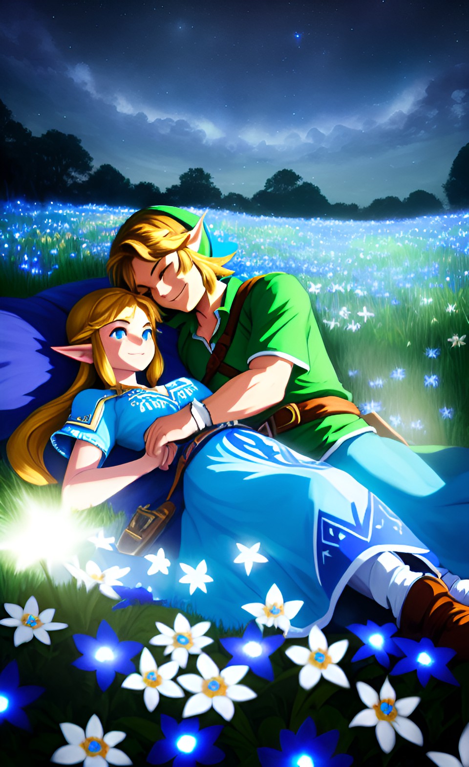 Night in the Meadow - over-the-shoulder view of link and zelda lying in a field of glowing blue and white flowers on a dark night, zelda is awake and she is smiling at link, link is sleeping peacefully, hyper-detailed preview