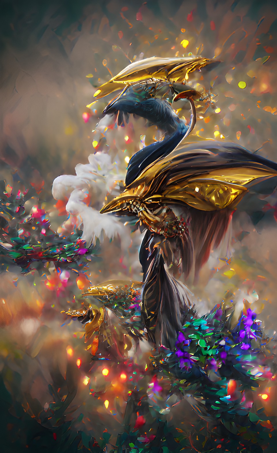 Magic Dragon - macro elves gold sparkles tornado lotr with black dragon with swan wings trending on artstation 8k preview