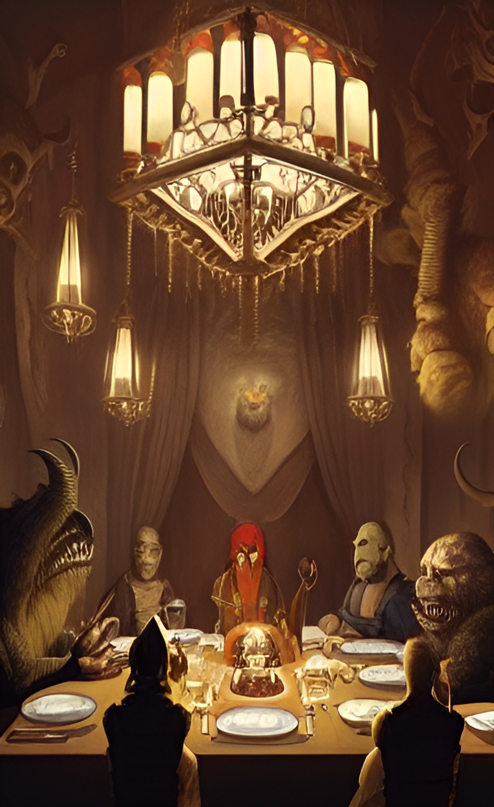 monsters having a dinner meeting in a fancy restaurant, dimly lit, tones of brown and gold preview