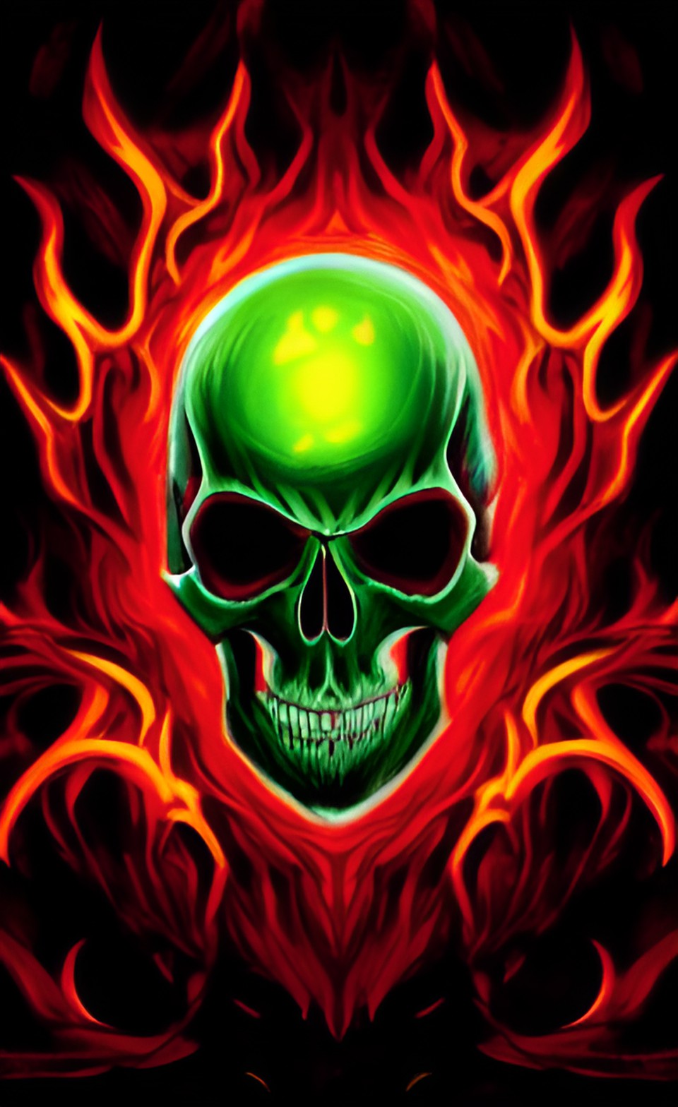 irridiscient skull with green glowing eyes rising out of realistic flames preview