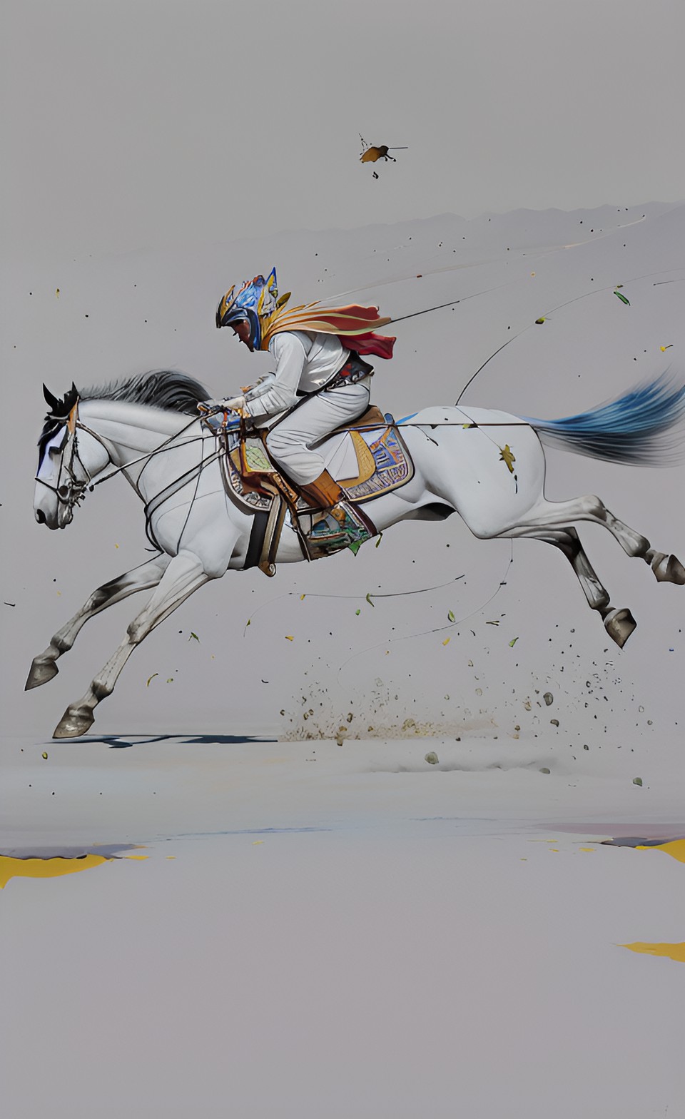 Riding Horse - a javanese man wearing white robes fluttering riding horses that run fast. billowing dust from the road preview