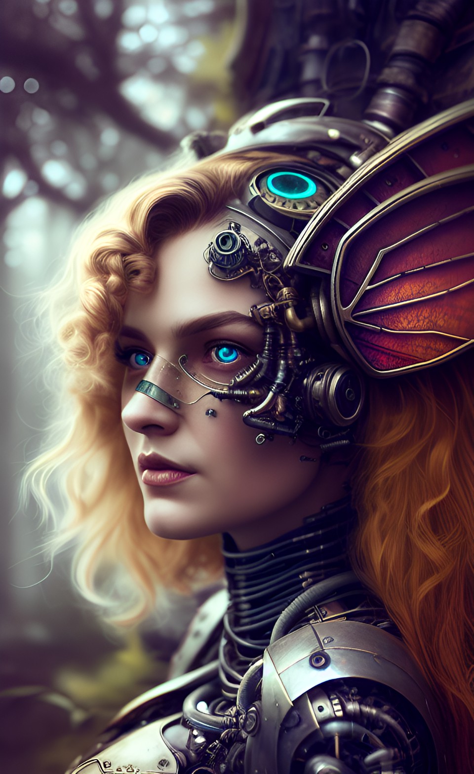 fairy portrait, german romanticism, cybernetic, cyborg, retro-futuristic, steam punk, highly detailed, hyper-realistic, head and shoulders portrait, intricate preview