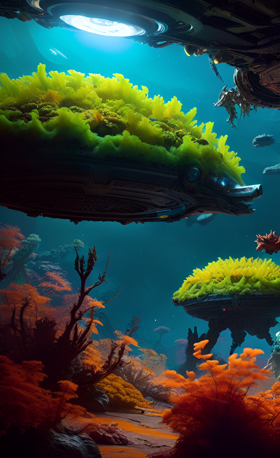 Underwater farm - surface of an alien planet covered in alien glowing seaweed, alien fish and algae float in the air around men in space armor preview