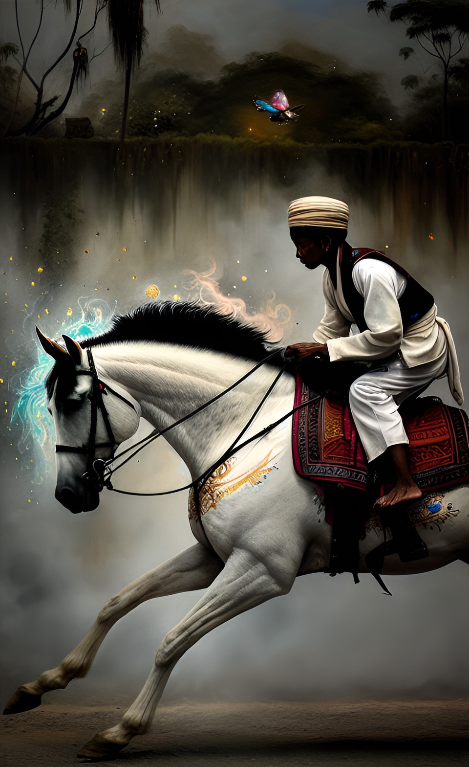 Ancient Horseman - an ancient javanese man wearing white robes fluttering riding horse that run fast. billowing dust from the road preview