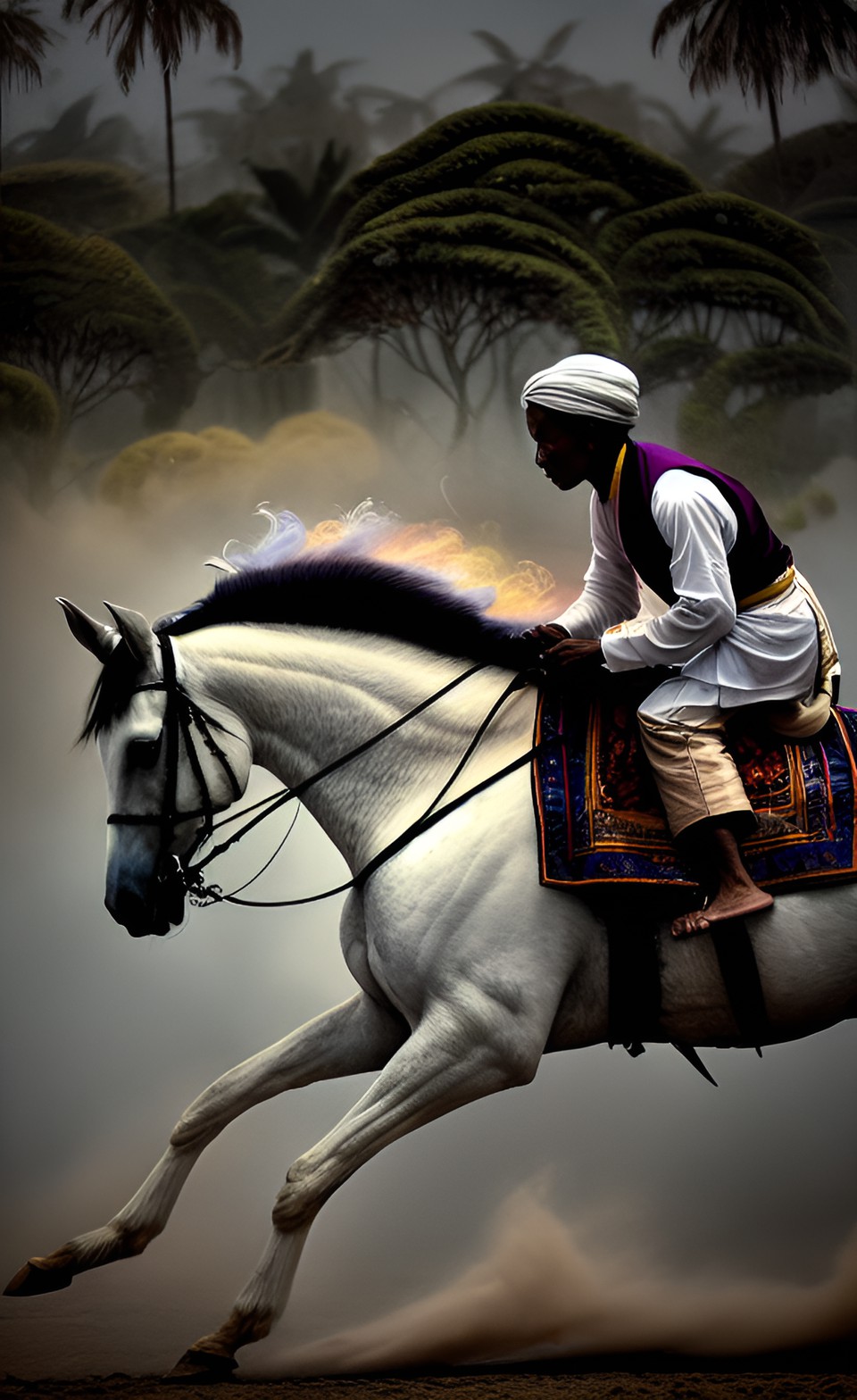 Horse Power - an ancient javanese man wearing white robes fluttering riding horse that run fast. billowing dust from the road preview