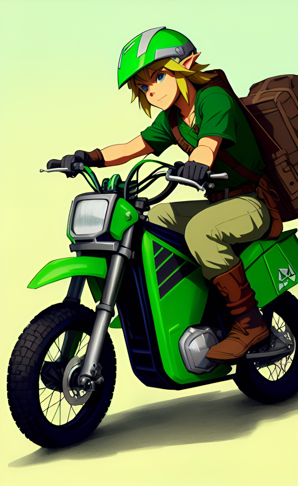 Motocross Link - link from the legend of zelda on a dirtbike, helmet in hand. he's ready for adventure with his iconic dark green tunic and the triforce logo on the side of the dirtbike preview