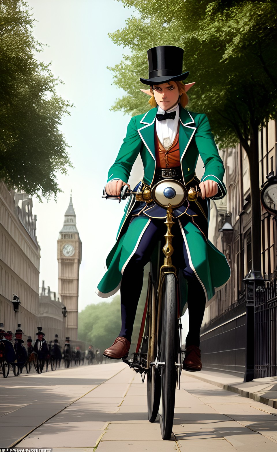 Victorian Hyrule - link from the legend of zelda riding a victorian-era bicycle through the streets of london in 1897 - link from the legend of zelda on a victorian bicycle in london, 1897. he wears a top hat and coat preview