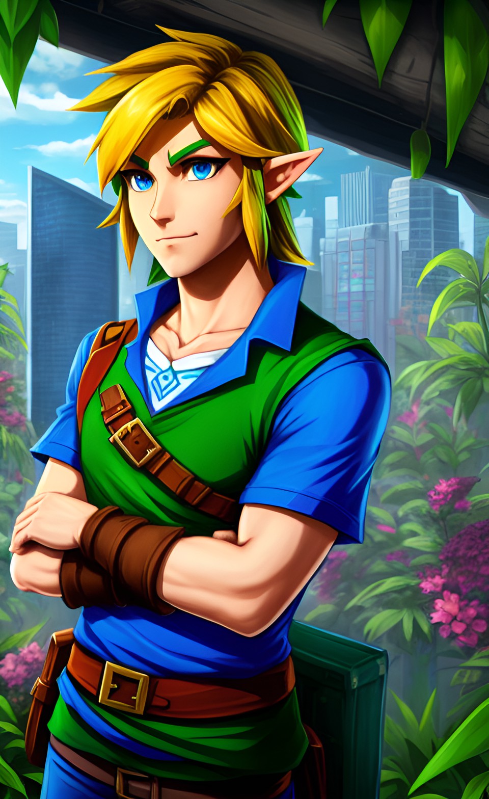 That Floralpunk Link - chest-up portrait of link from the legend of zelda in an overgrown floralpunk city preview