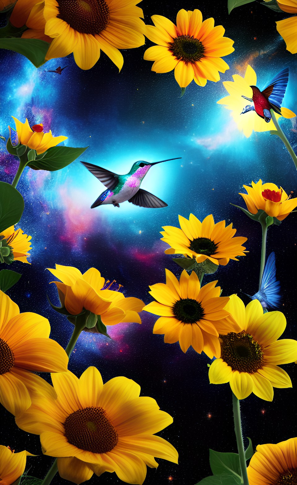 🌻🐦 - delicate hummingbirds and sunflowers floating through galaxy preview