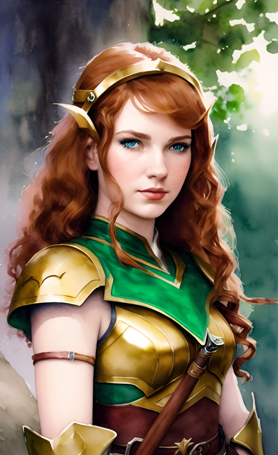 Vallarian - half elf d&d woman. rainger. archer. light red waved hair. golden brown eyes. pale skin. light green armour. composite bow. detailed fantasy hd hyperrealism. with badger near preview