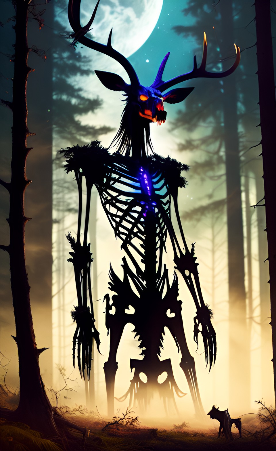 a wendigo  - a towering wendigo with antlers reaching towards the sky, skeletal fingers grasping at the forest's edge, eyes glowing with hunger in the moonlight." preview