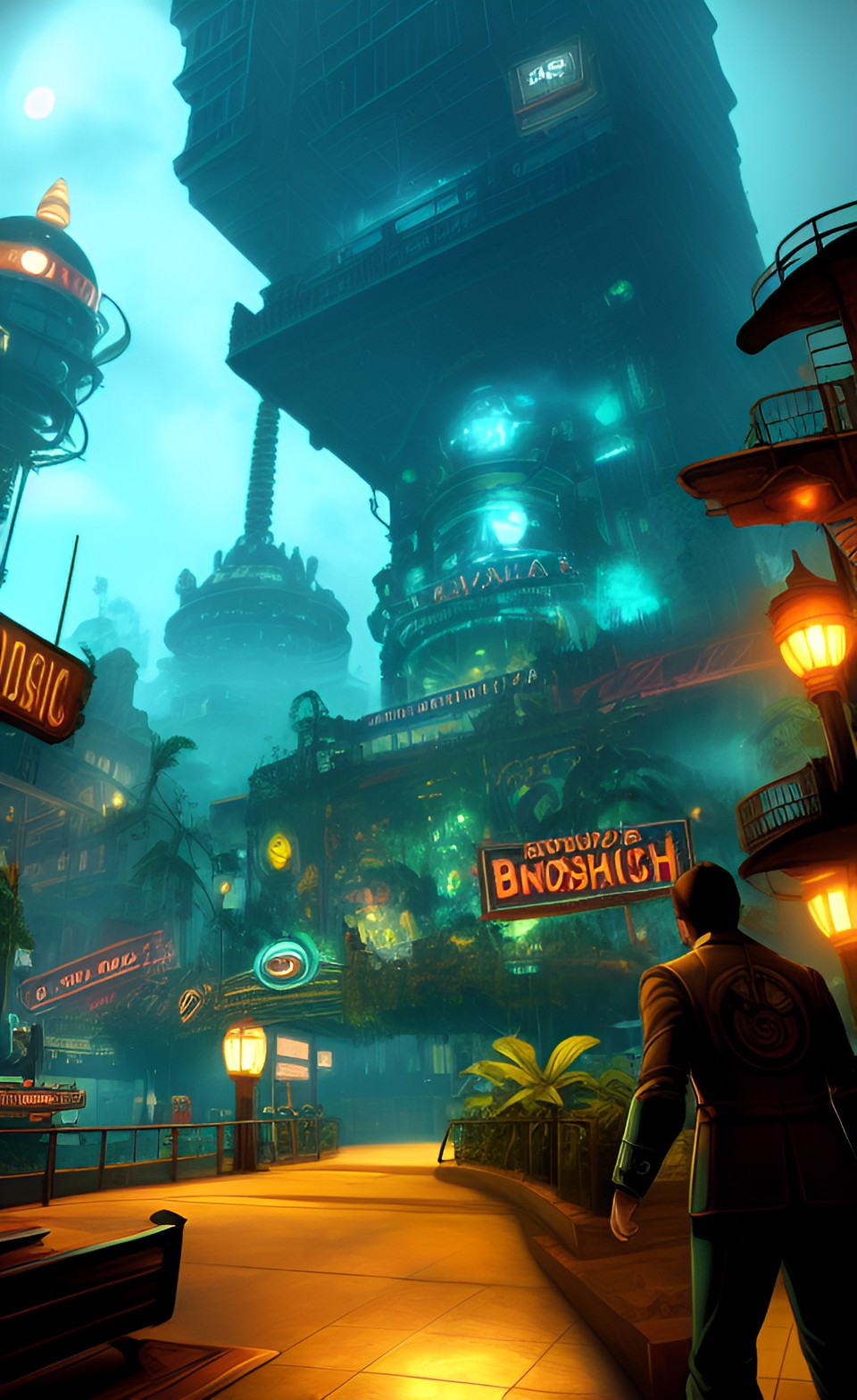 bioshock game ambiented on a retrofuturistic jungle maya land preview